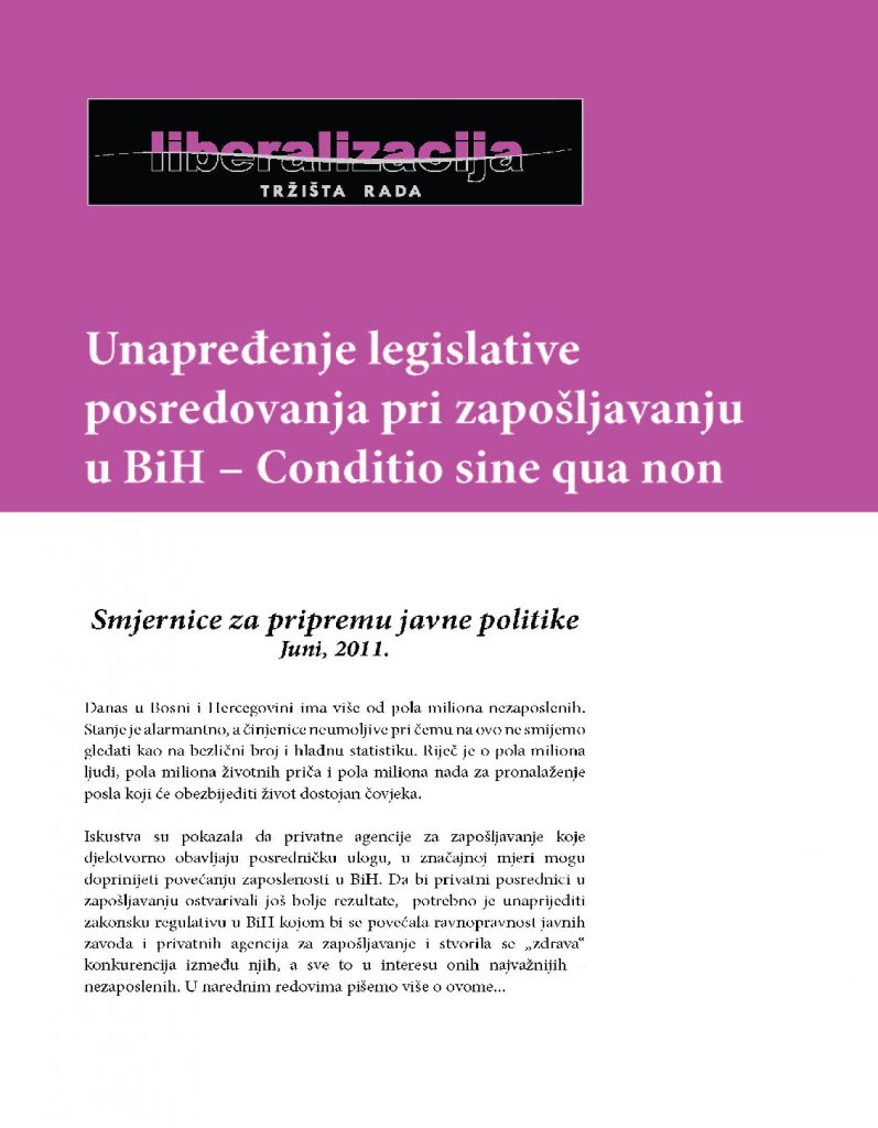 Unapređenje legislative posredovanja pri zapošljavanju u BiH – Conditio sine qua non